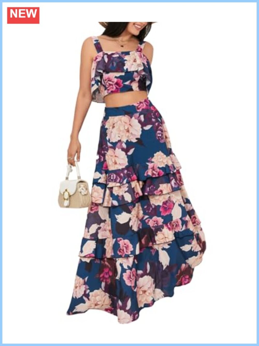 Women's 2 Piece Floral Crop Top & Ruffle Maxi Skirt Set Boho Summer Outfit